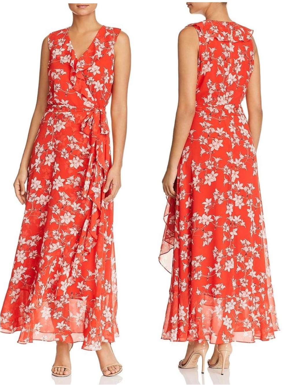 CALVIN KLEIN | Sleeveless Red Floral Wrap Maxi Dress